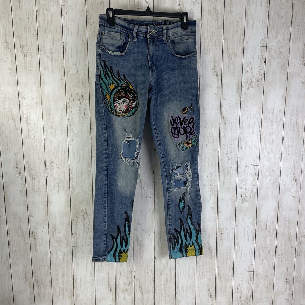 Vintage Y2K Track23 Embroidered Jeans 30x30 Flames Distress Faded Indigo Stretch